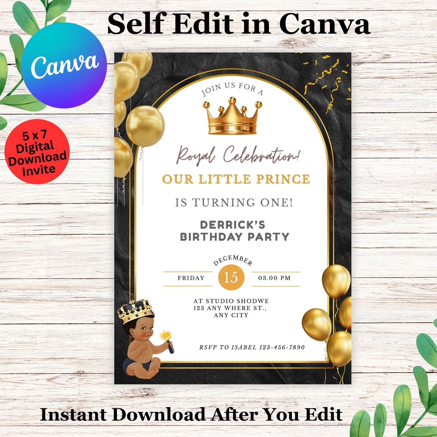 Black Prince Boy Birthday Invitation Template - Editable African American Prince Birthday Invite Template