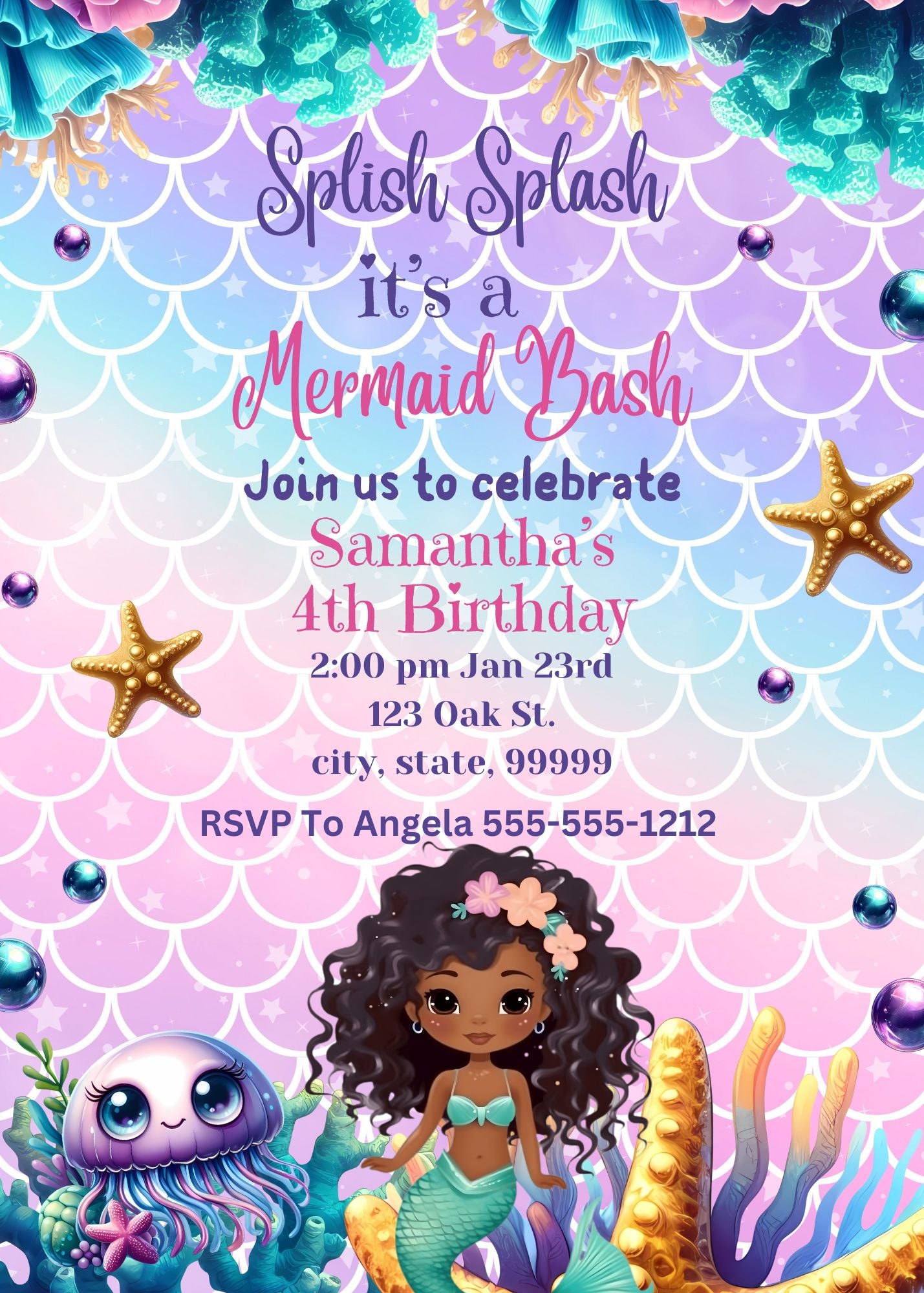printable black mermaid birthday invitation