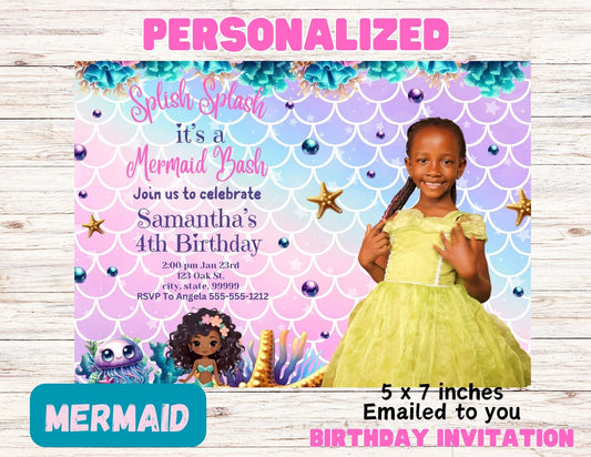 African American Mermaid Birthday Invitation for Girl - Printable
