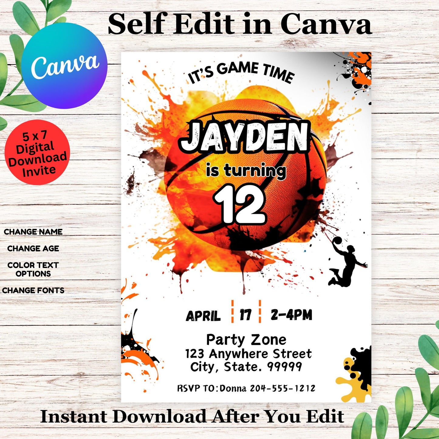 Basketball Birthday Invitation Template - Editable Sport Basketball Invite in Canva