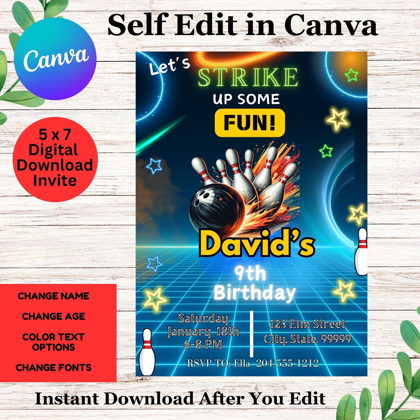 Boys Bowling Birthday Party Invitation Template - Printable Bowling Invite Online