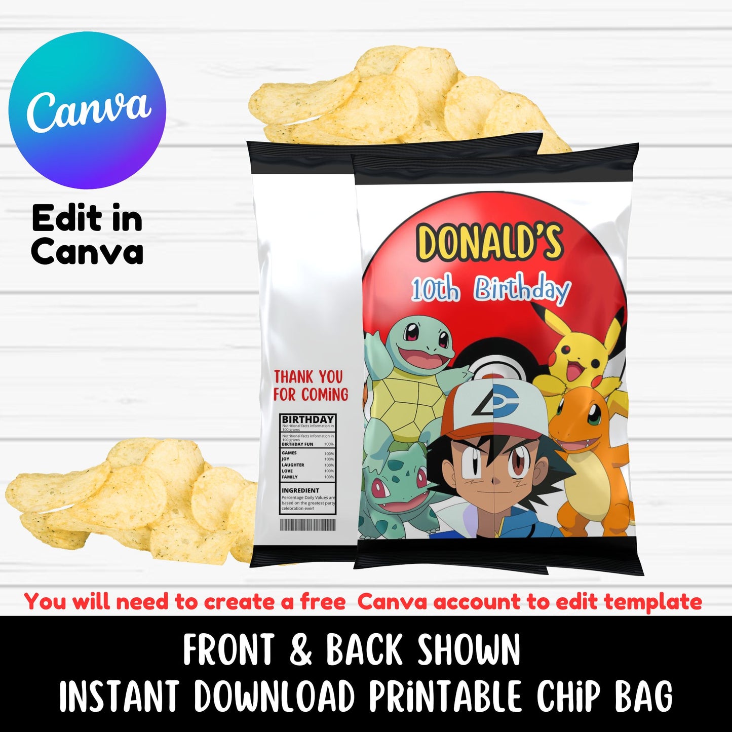 pokemon potato chip bag birthday party