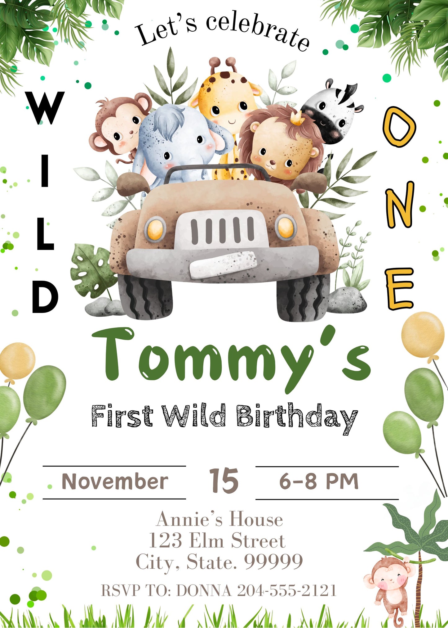 boys safari 1st birthday party invitation