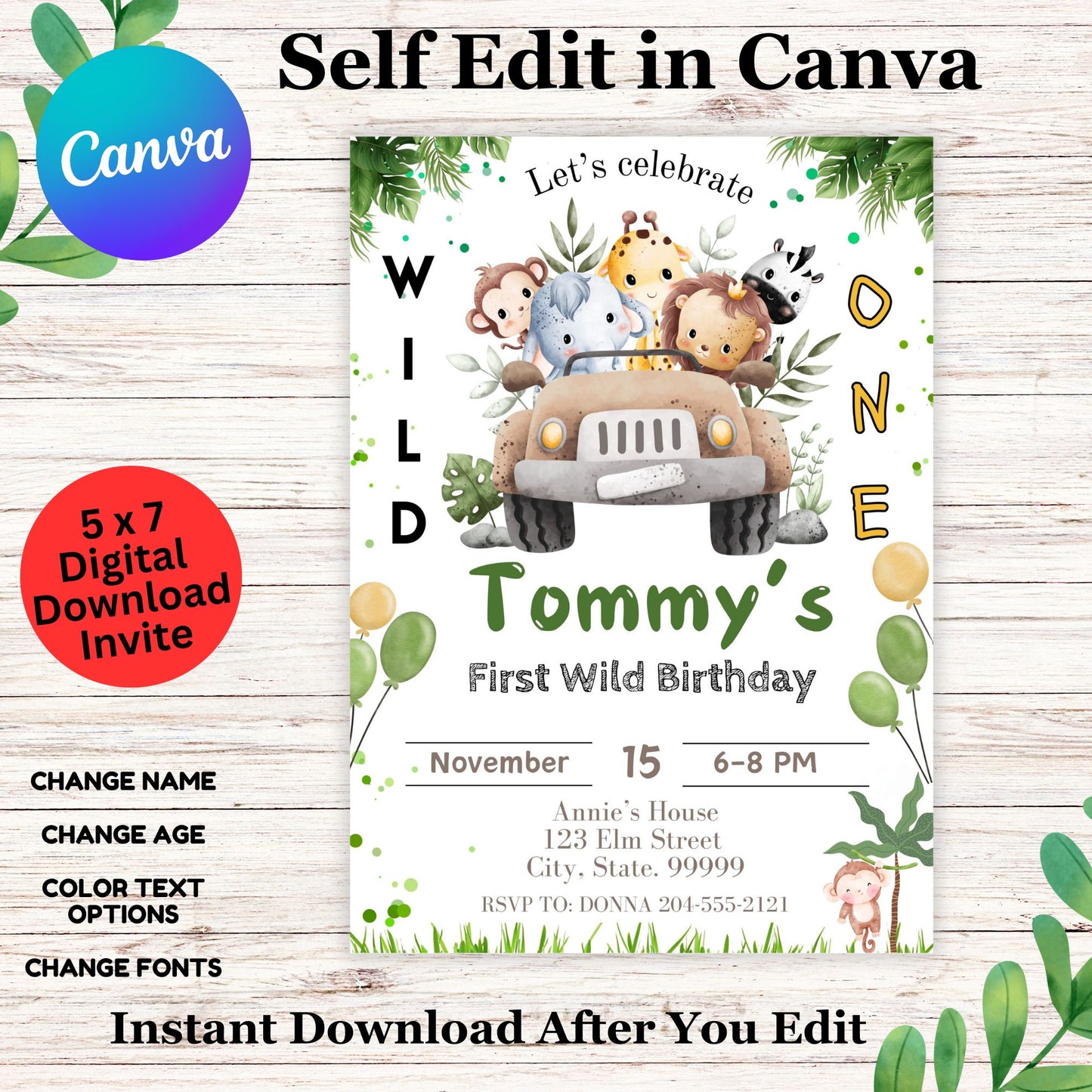 Wild One Safari 1st Birthday Invitation Template Boy - Editable Wild One Birthday Invitation