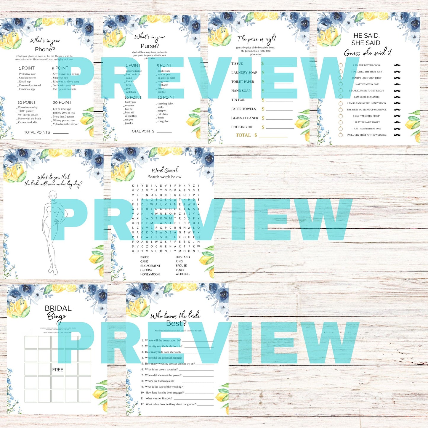 blue lemon floral bridal shower games