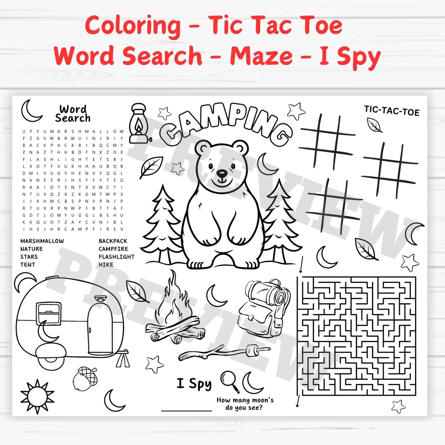 Summer camp activities, no prep camping activity, forest activity pack, outdoor learning for kids, I spy camping game, toddler camping printable, preschool camping worksheet, classroom camping theme.