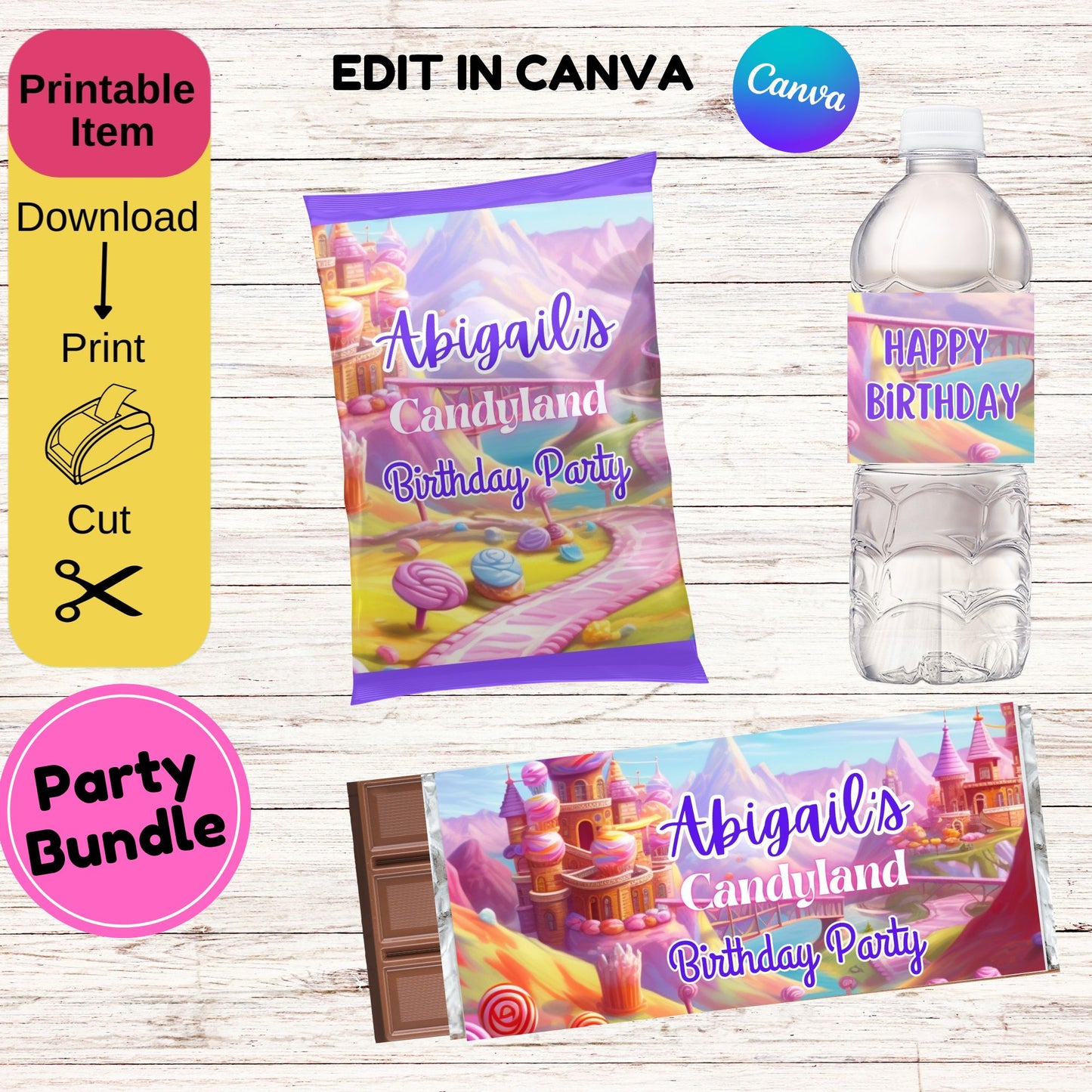 Candyland Birthday Party Bundle- Candyland Party Favor Wrappers Editable