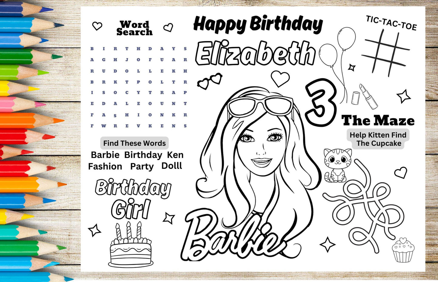 Barbie Birthday Activity Coloring Sheet- Printable 