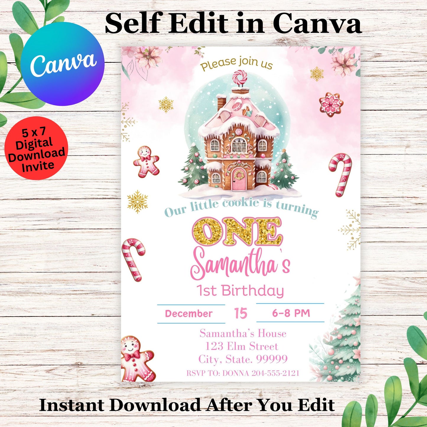 Gingerbread Little Cookie 1st Birthday Invitation Template - Editable Cookie Christmas Birthday Invite