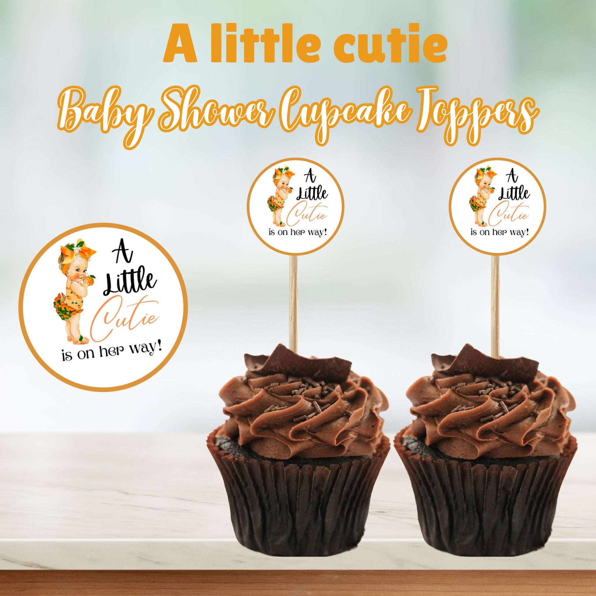 A Little Cutie is on Her Way Baby Shower Cupcake Toppers - Instant Download