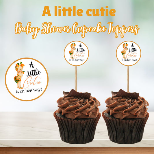 A Little Cutie is on Her Way Baby Shower Cupcake Toppers - Instant Download