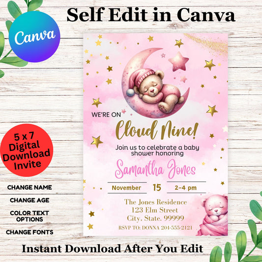 Cloud Nine Baby Shower Invitations Template for Girl - Cloud Nine Baby Shower Invitation