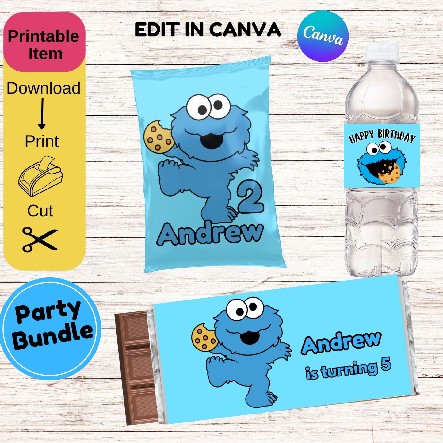 Cookie Monster Party Bundle Wrappers- Cookie Monster Chip Bags, Cookie Monster Water Bottle Wrappers