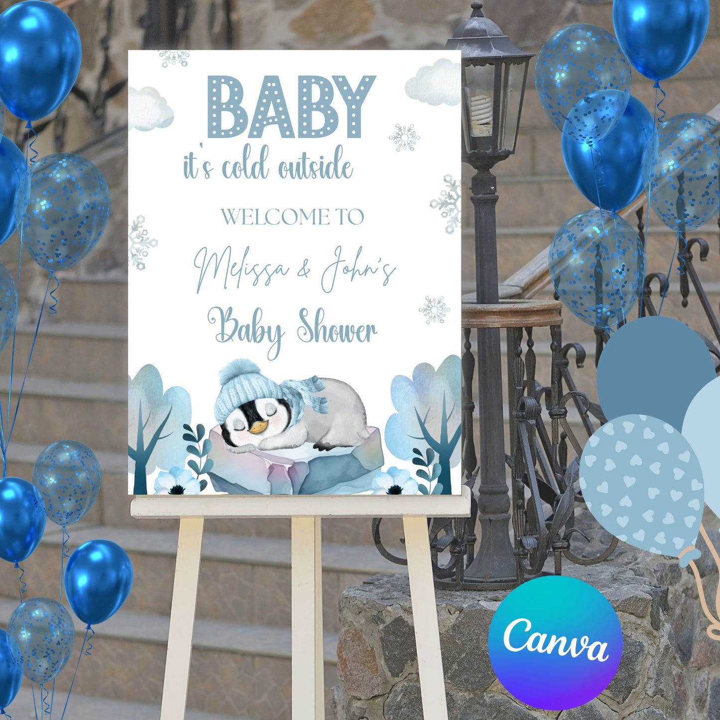 Editable Blue Winter Penguin Baby Shower Welcome Sign Template, "Baby It's Cold Outside" Poster, Boy Winter Wonderland Decor, Instant Download