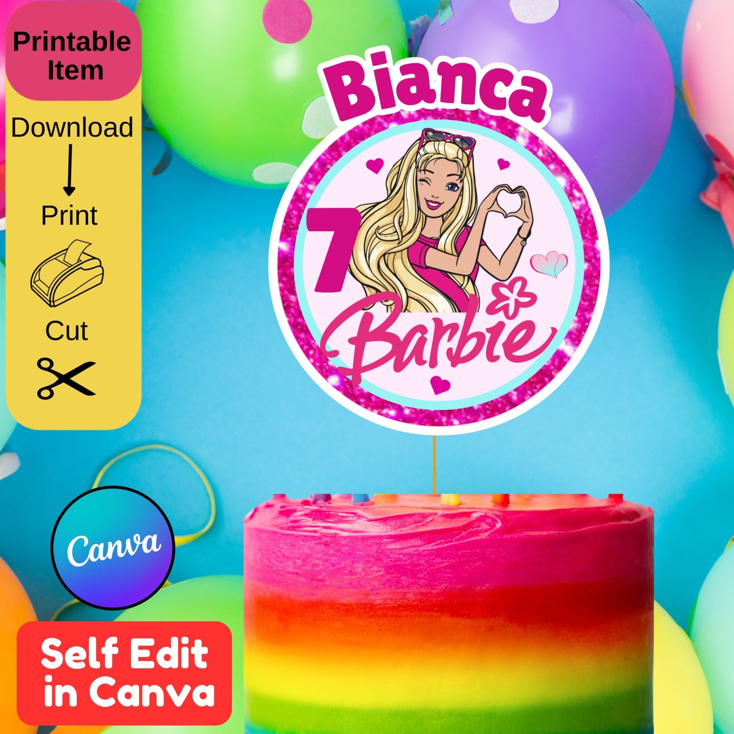 Pink Barbie Personalized Cake Topper Template - Cute Barbie Cake Topper Instant Download