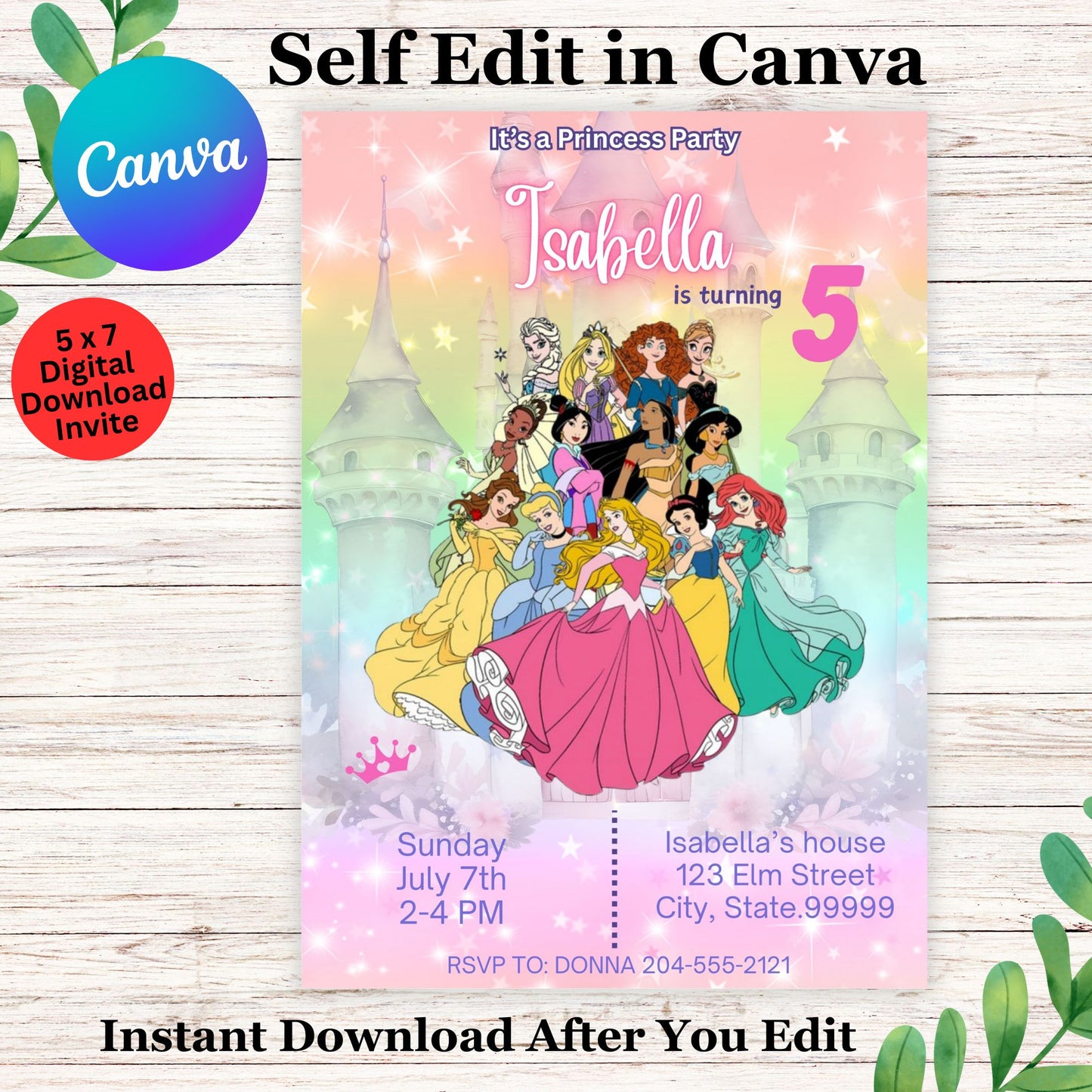 Princess Birthday Invitation Template - Editable Girls Princess Birthday Invite in Canva