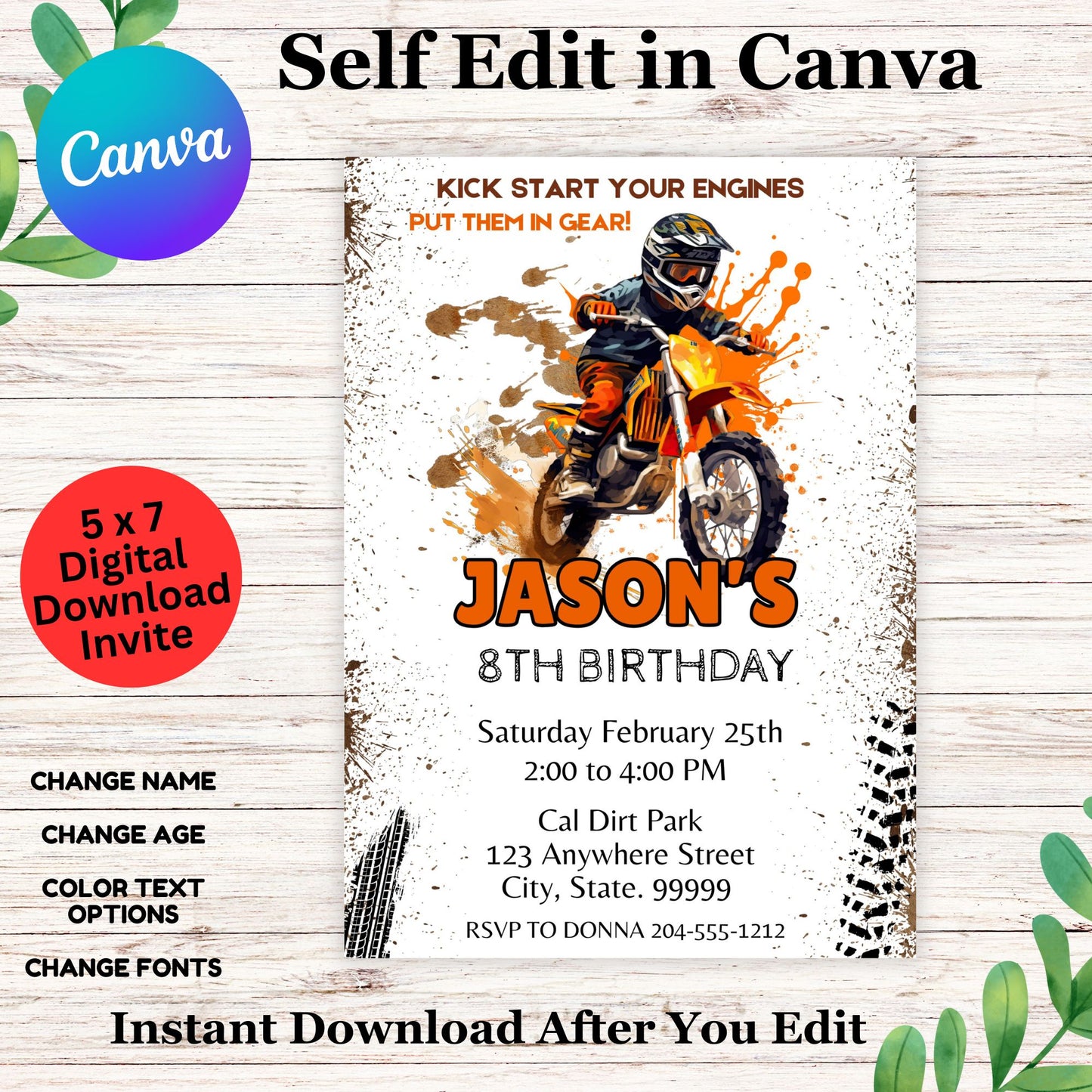 Dirt Bike Birthday Invitation Template- Kids Dirt Bike Invite Template Editable in Canva