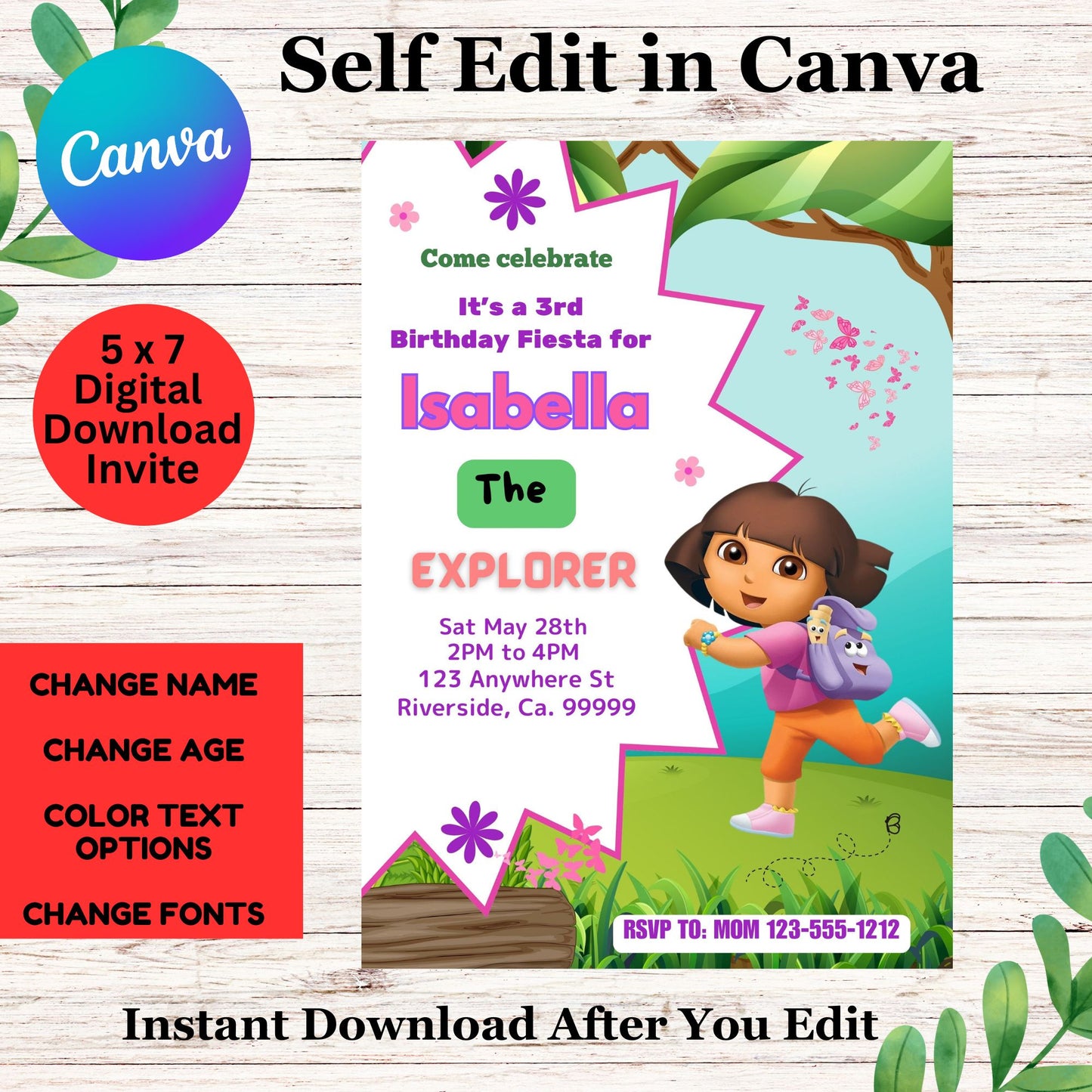 Dora The Explorer Personalized Birthday Invitation- Dora The Explorer Invitation Template