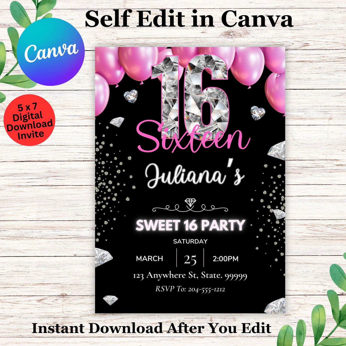 Black Pink and Diamond Sweet 16 Birthday Invitation Template - Editable Sweet 16 Invite Template