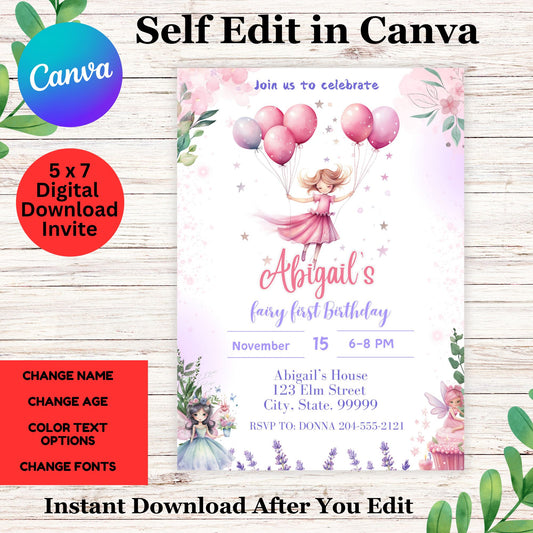 Fairy First Birthday Invitations for Baby Template - Printable Fairy Birthday Invite