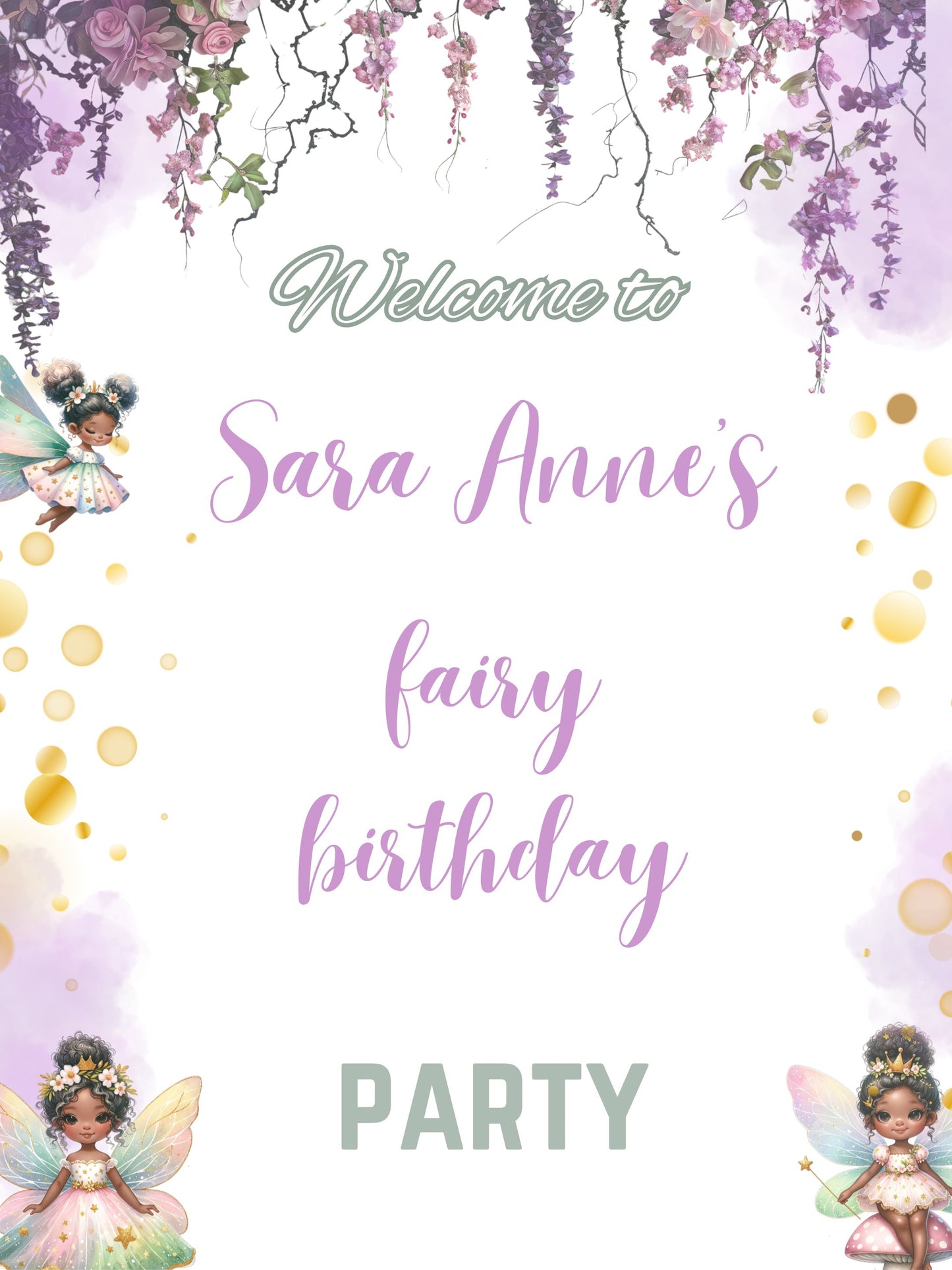 black fairy birthday party poster welcome sign