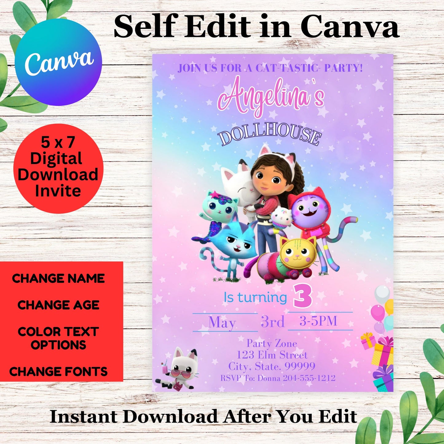 Gabby Dollhouse Birthday Invitation- Gabby Dollhouse Birthday Invite Template