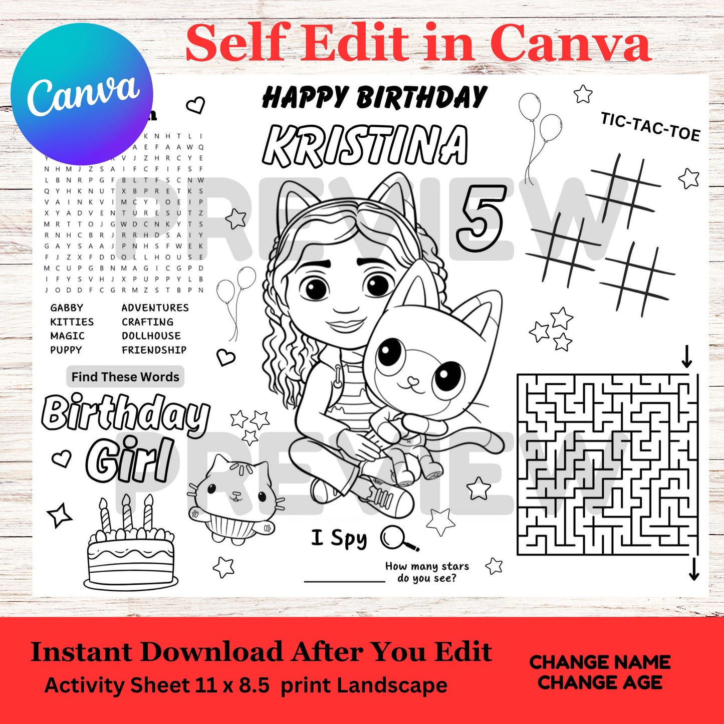 Gabby's Dollhouse Personalized Birthday Activity Sheet Template (Editable Canva Digital Download)