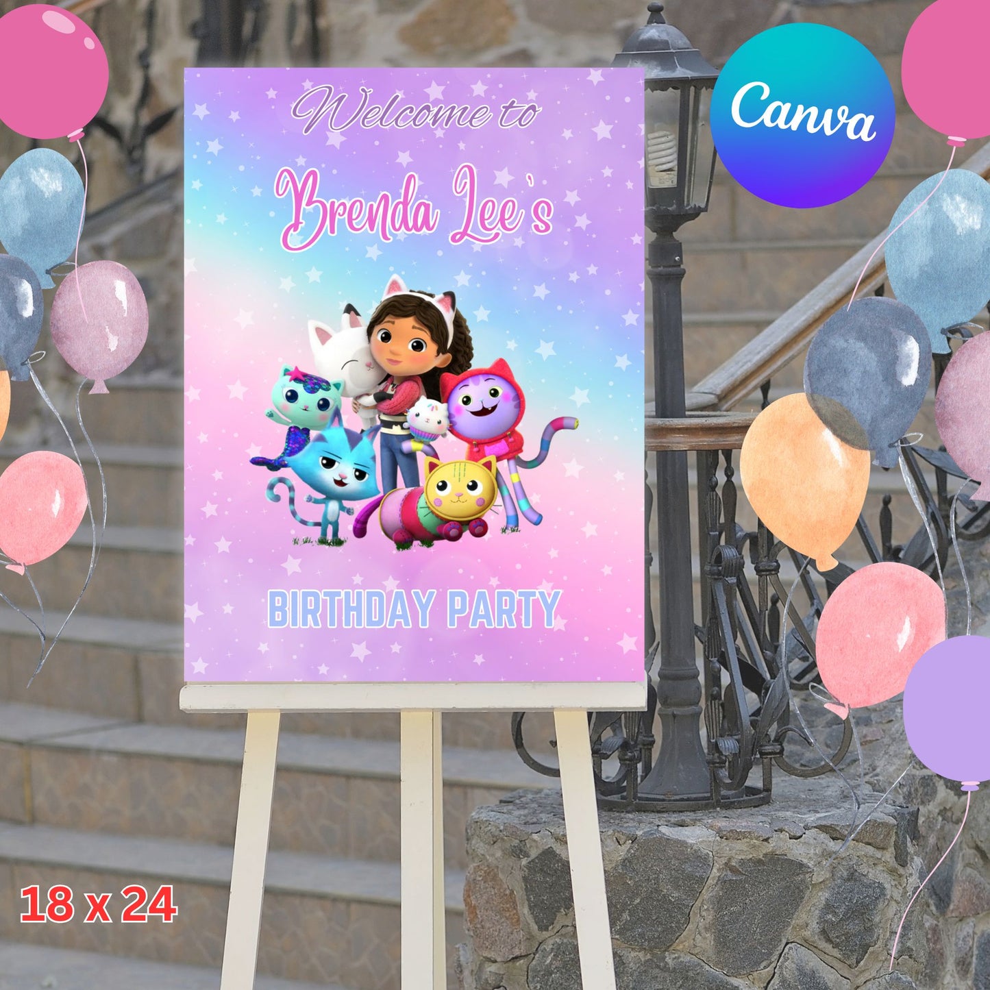 Gabby Dollhouse Birthday Party Welcome Poster - Gabby Dollhouse Sign Editable in Canva