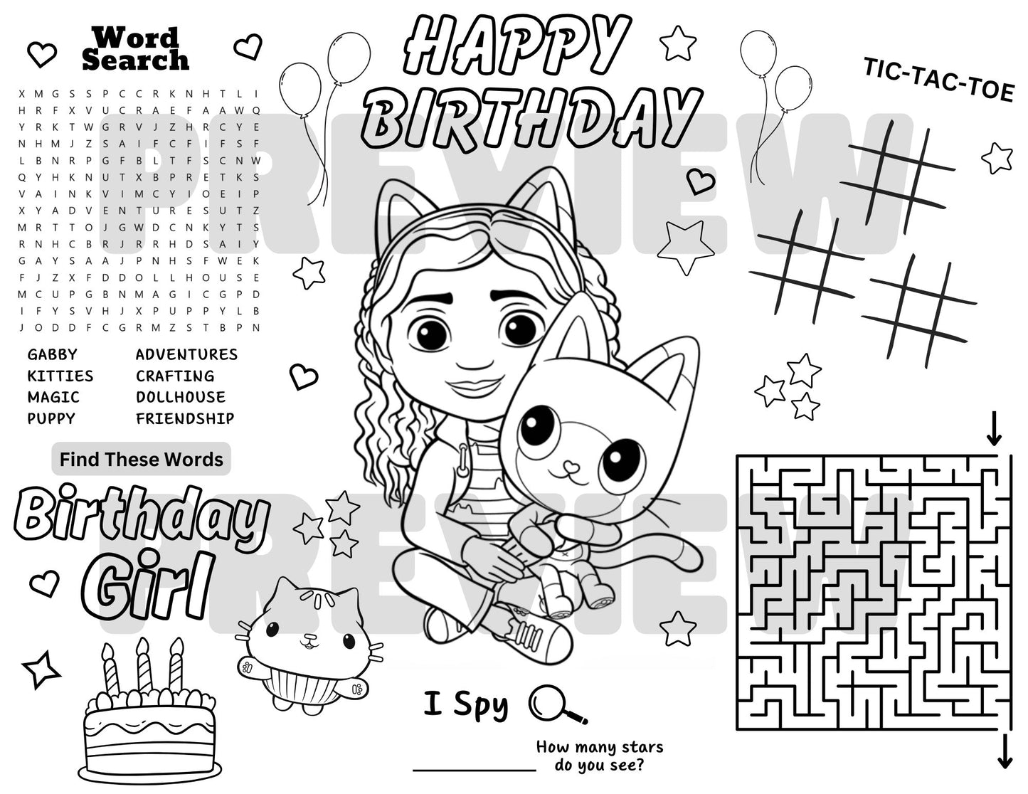 dollhouse party, Pandy Paws, Cakey Cat, MerCat, kids' party, digital download, word search, maze, games, placemat.