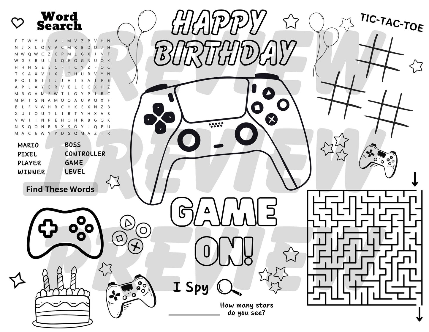 gamer birthday activity sheet mat