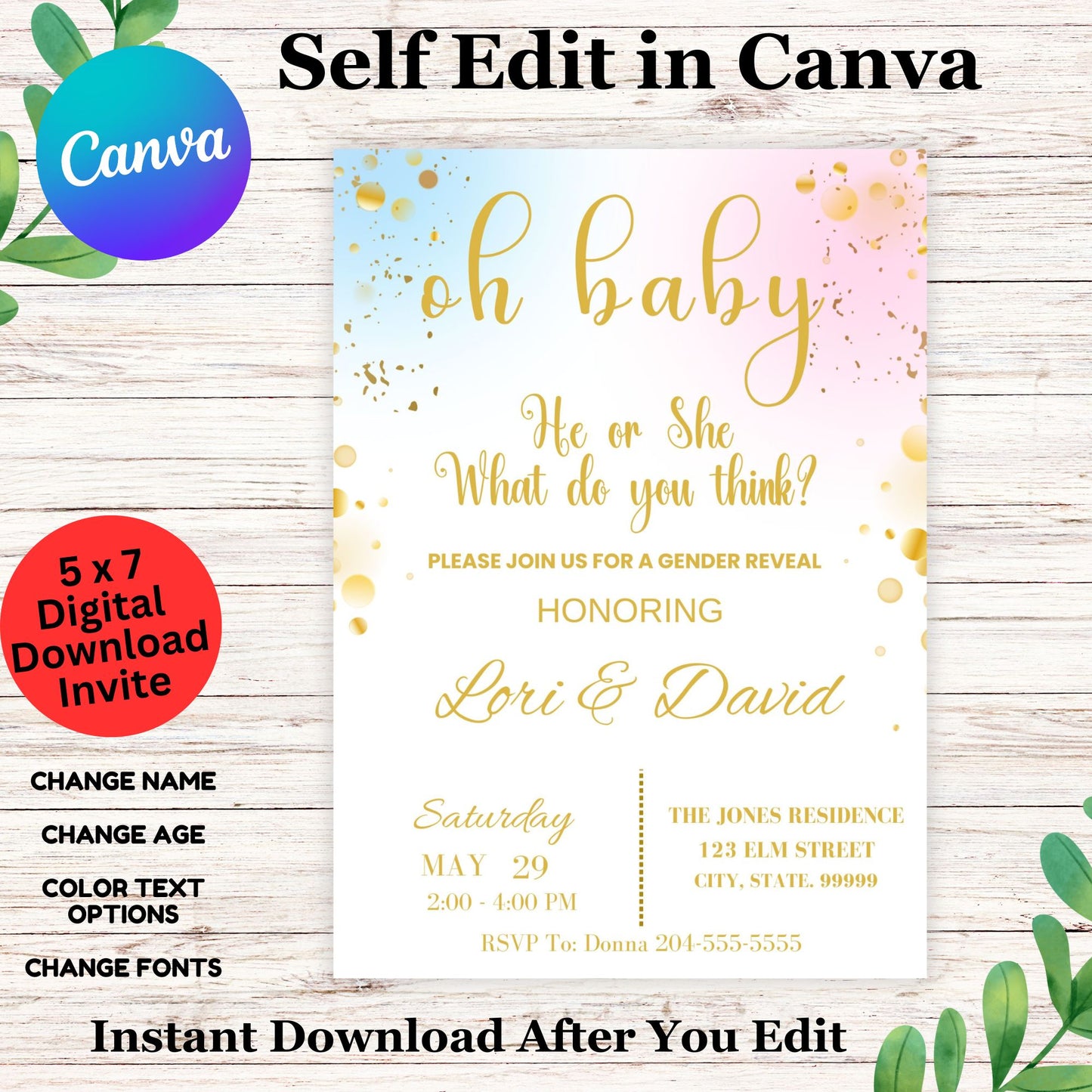 Oh Baby Gender Reveal Party Invitation Template - Gender Reveal Baby Invite Canva Template