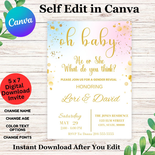 Oh Baby Gender Reveal Party Invitation Template - Gender Reveal Baby Invite Canva Template