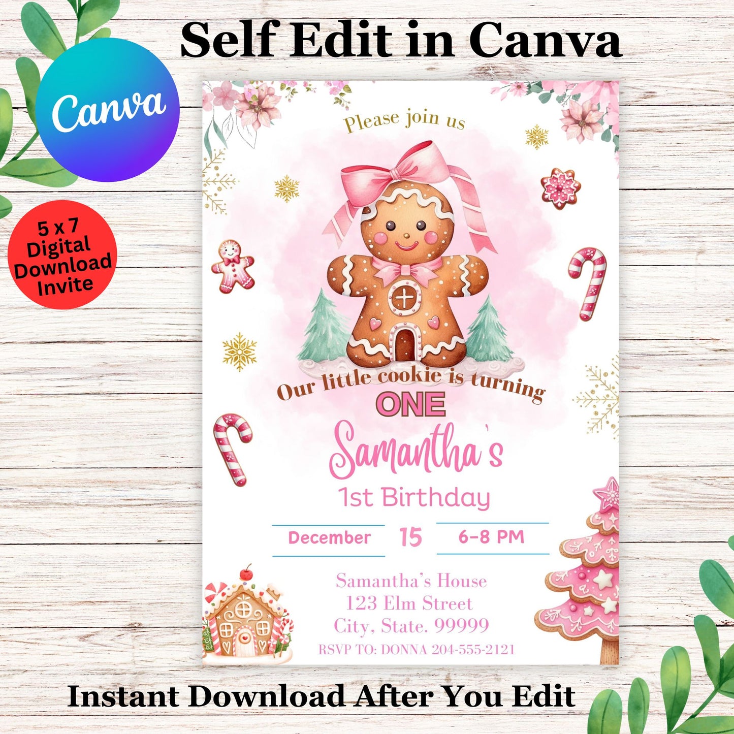 Little Cookie Girls Birthday Invitation Template- Gingerbread Cookie Birthday Party Invite Editable