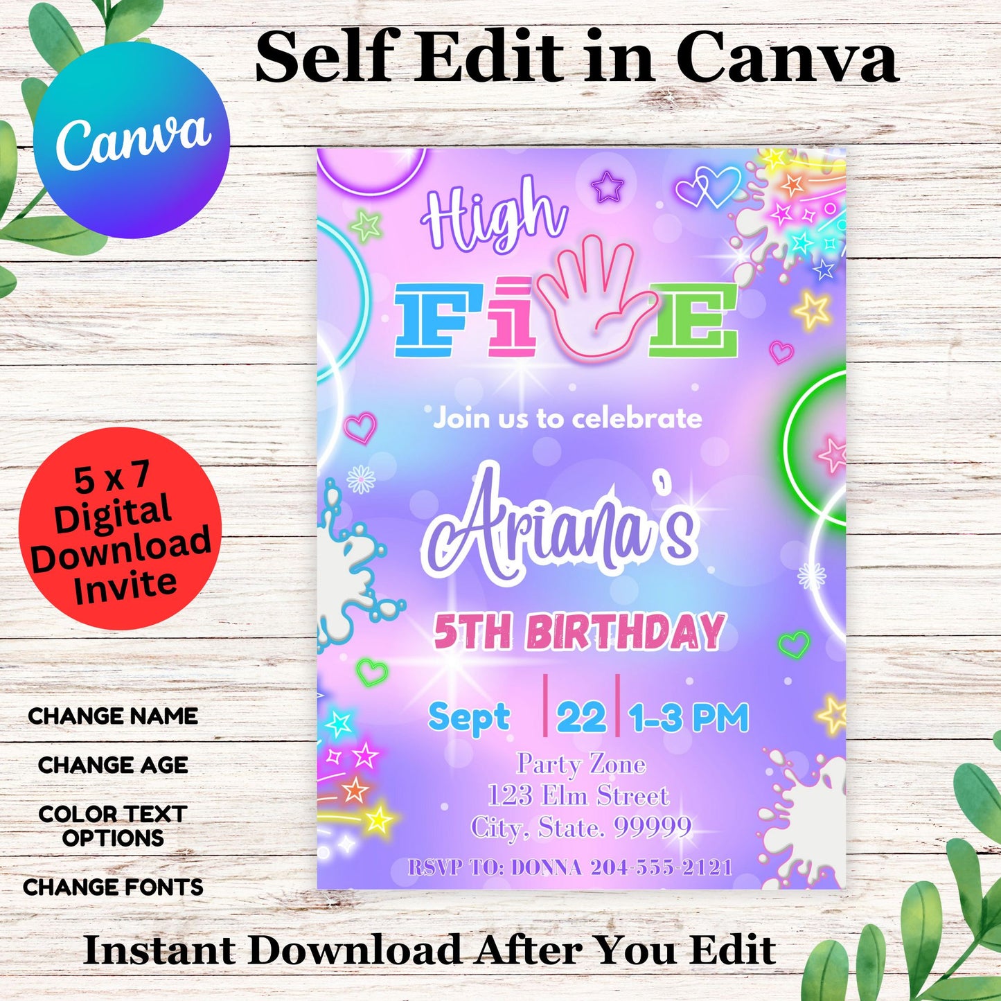 High 5 Birthday Invitation Template for Girls - Printable High Five Birthday Invite Printable