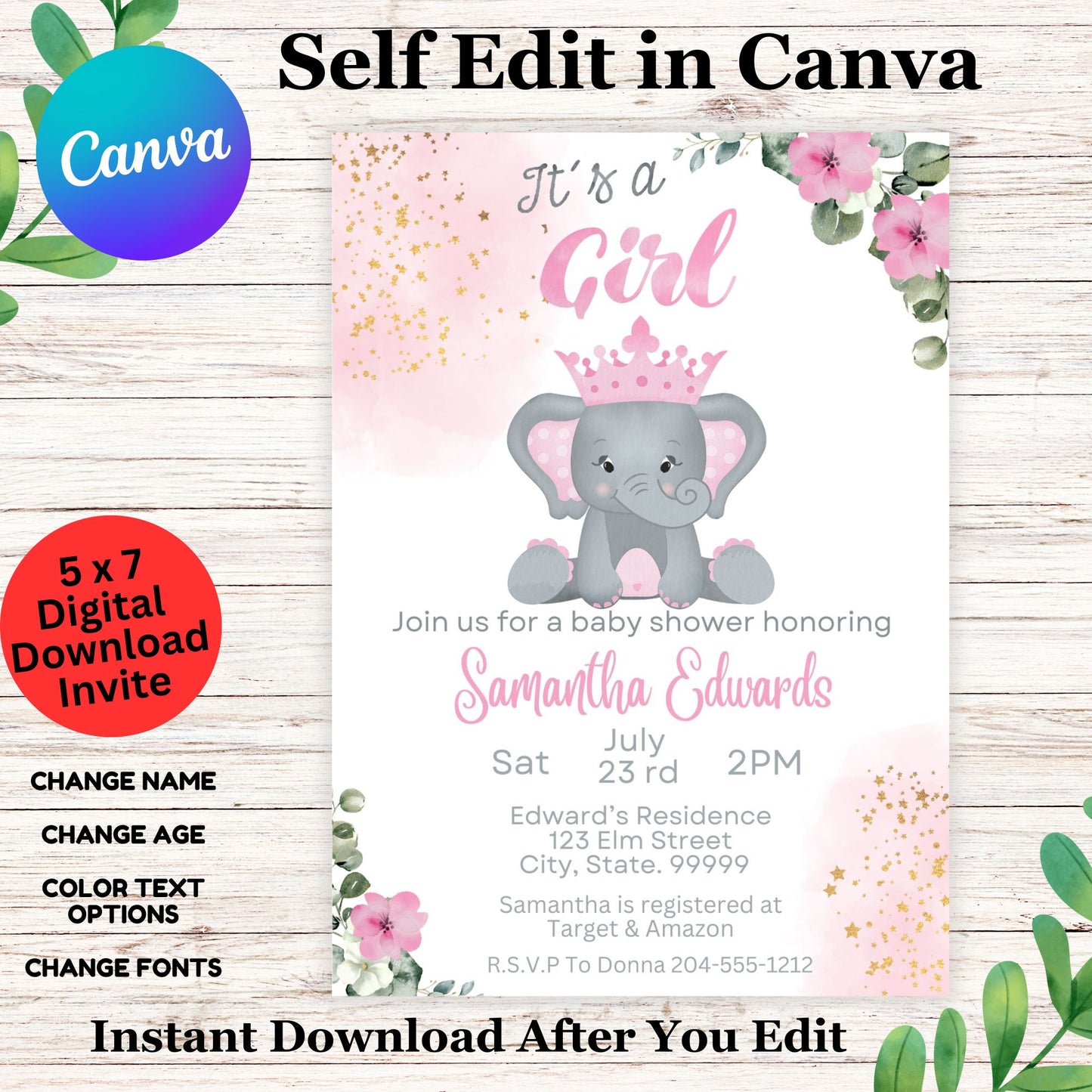 Little Peanut Elephant Baby Shower Invitation Template - Cute Elephant Pink Baby Shower Invite Printable
