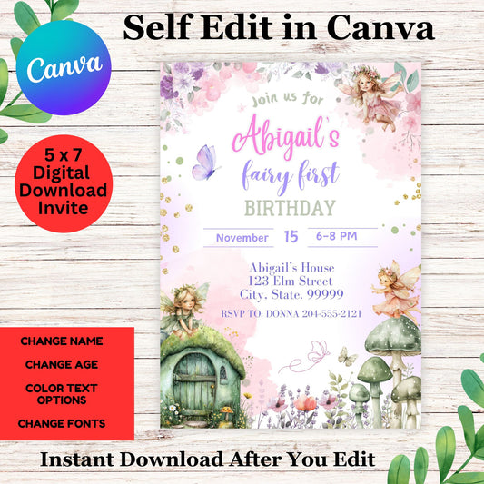 Fairy First Birthday Invitations Template for  Girl - Printable Fairy Birthday Invitation