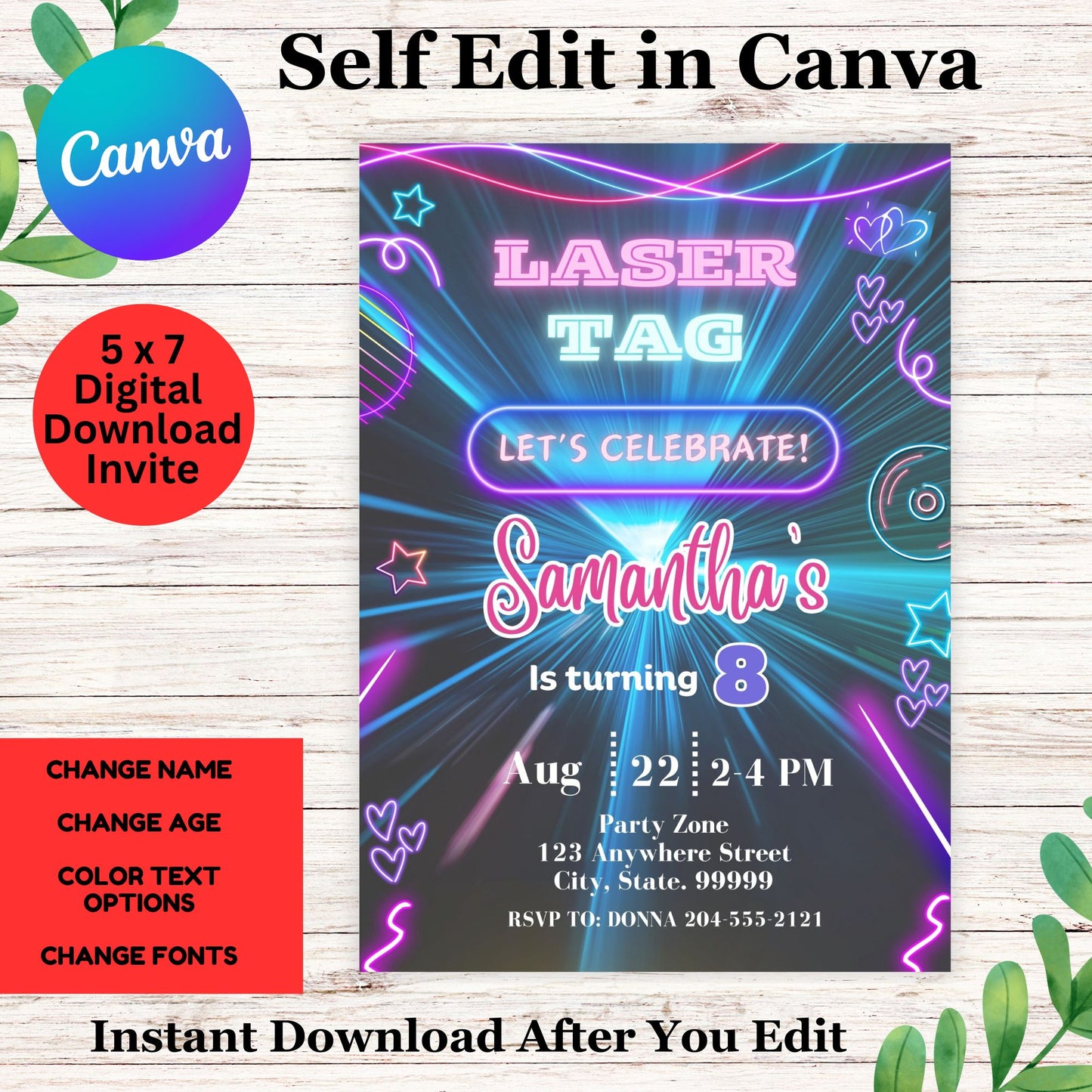 Laser Tag Neon Birthday Invitation - Girls Laser Tag Birthday Invite Template