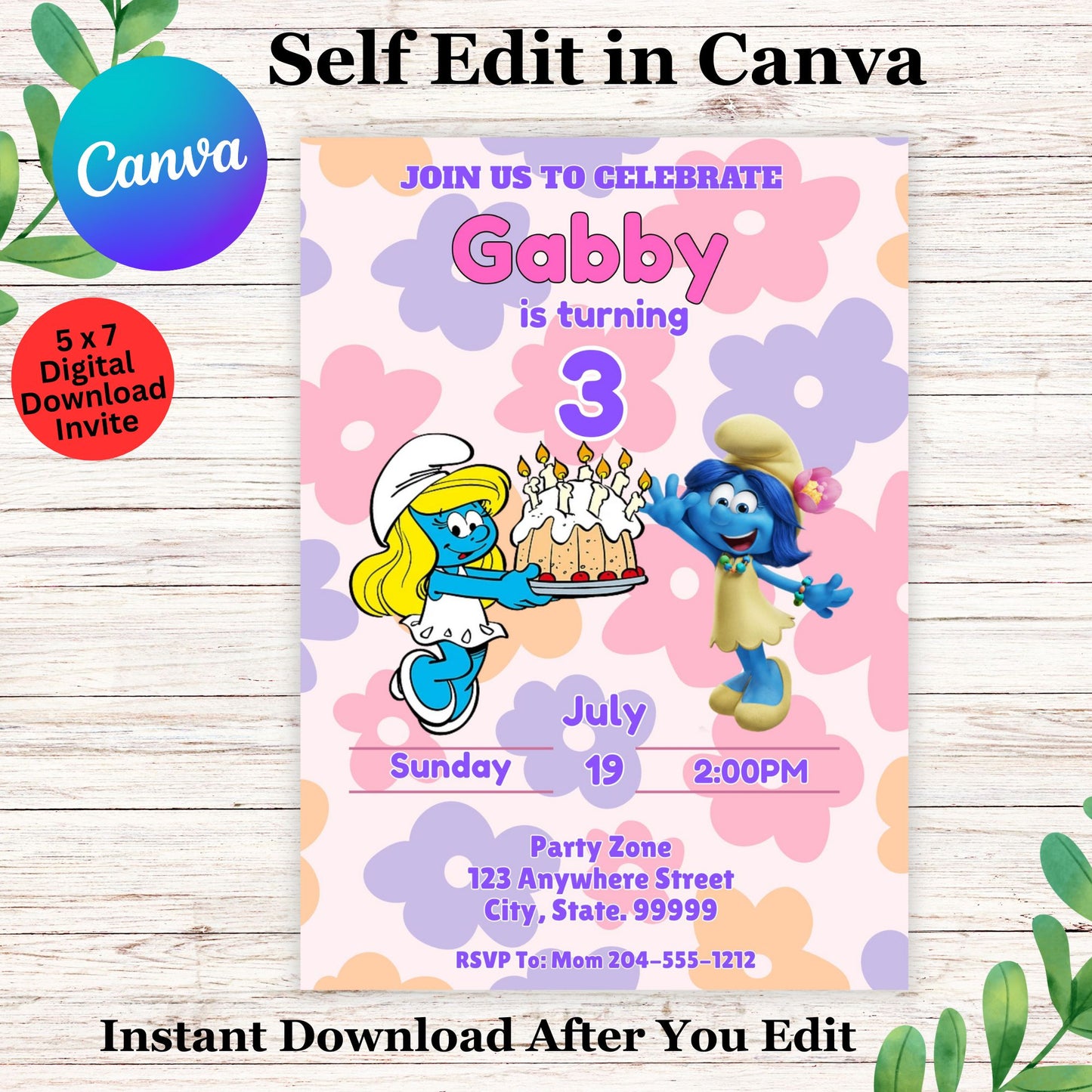 Smurfs Birthday Invitation Template - Editable Smurfette Girl Birthday Invitation In Canva