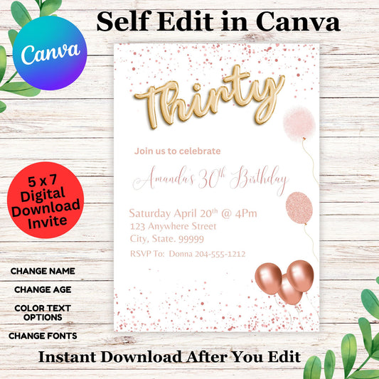 Rose Gold Shimmer 30th Birthday Invitation Template - Printable 30th Invite