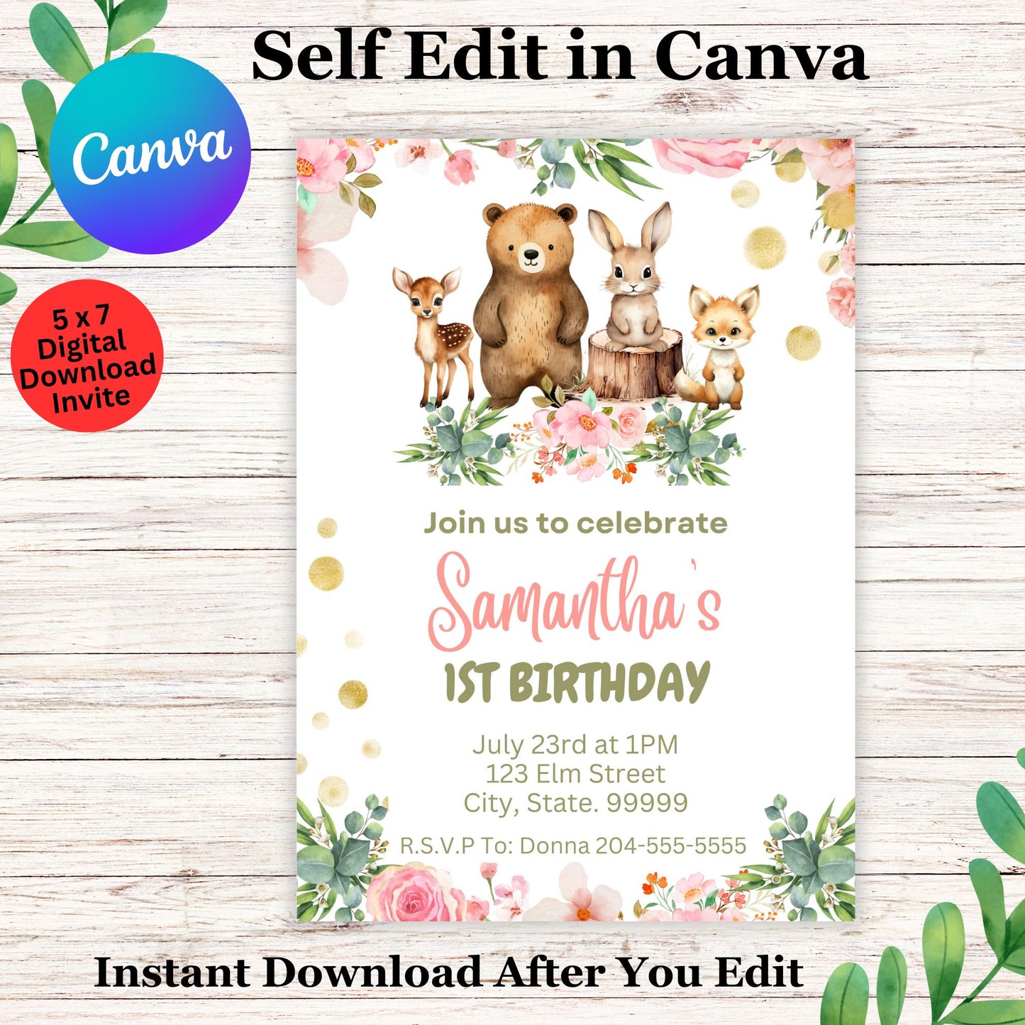 Woodland Birthday Girl Invitation Template - Printable Woodland Birthday Invite Editable in Canva