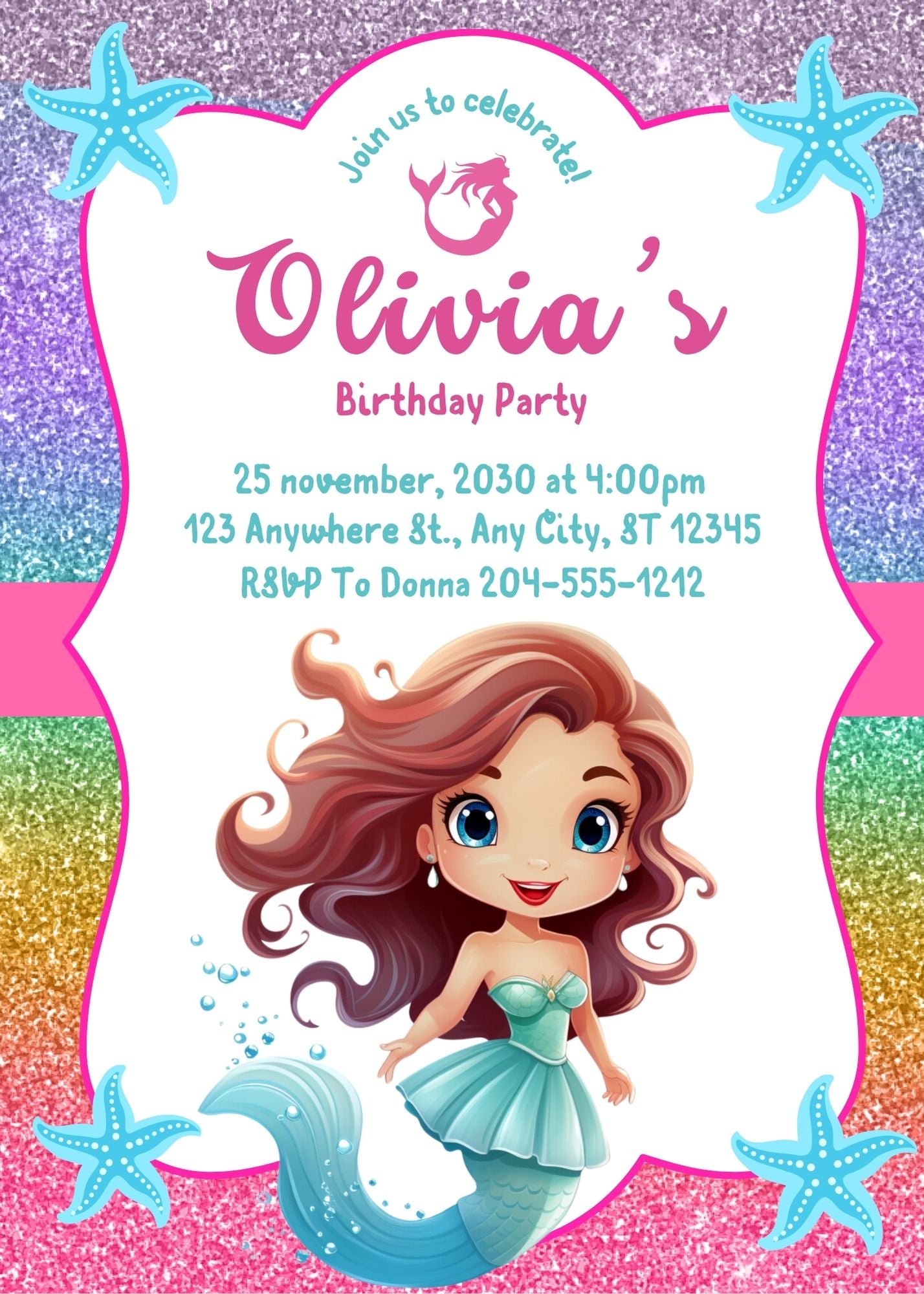 Invitación de cumpleaños de sirena personalizada: PDF enviado por correo electrónico