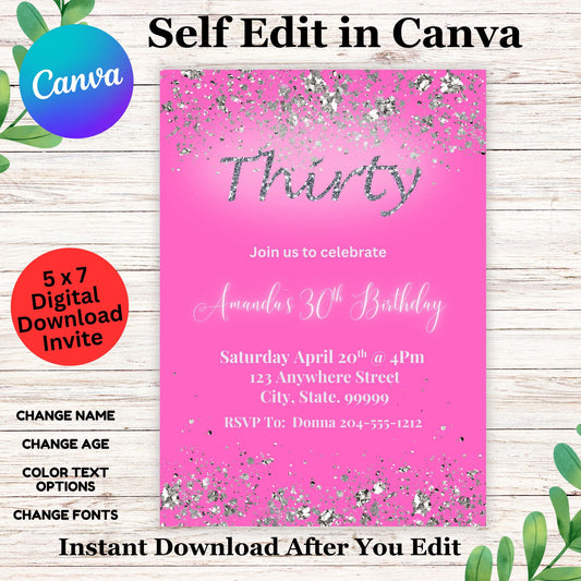 Pink Shimmer Girl 30th Birthday Invitation Template - Printable 30th Invite
