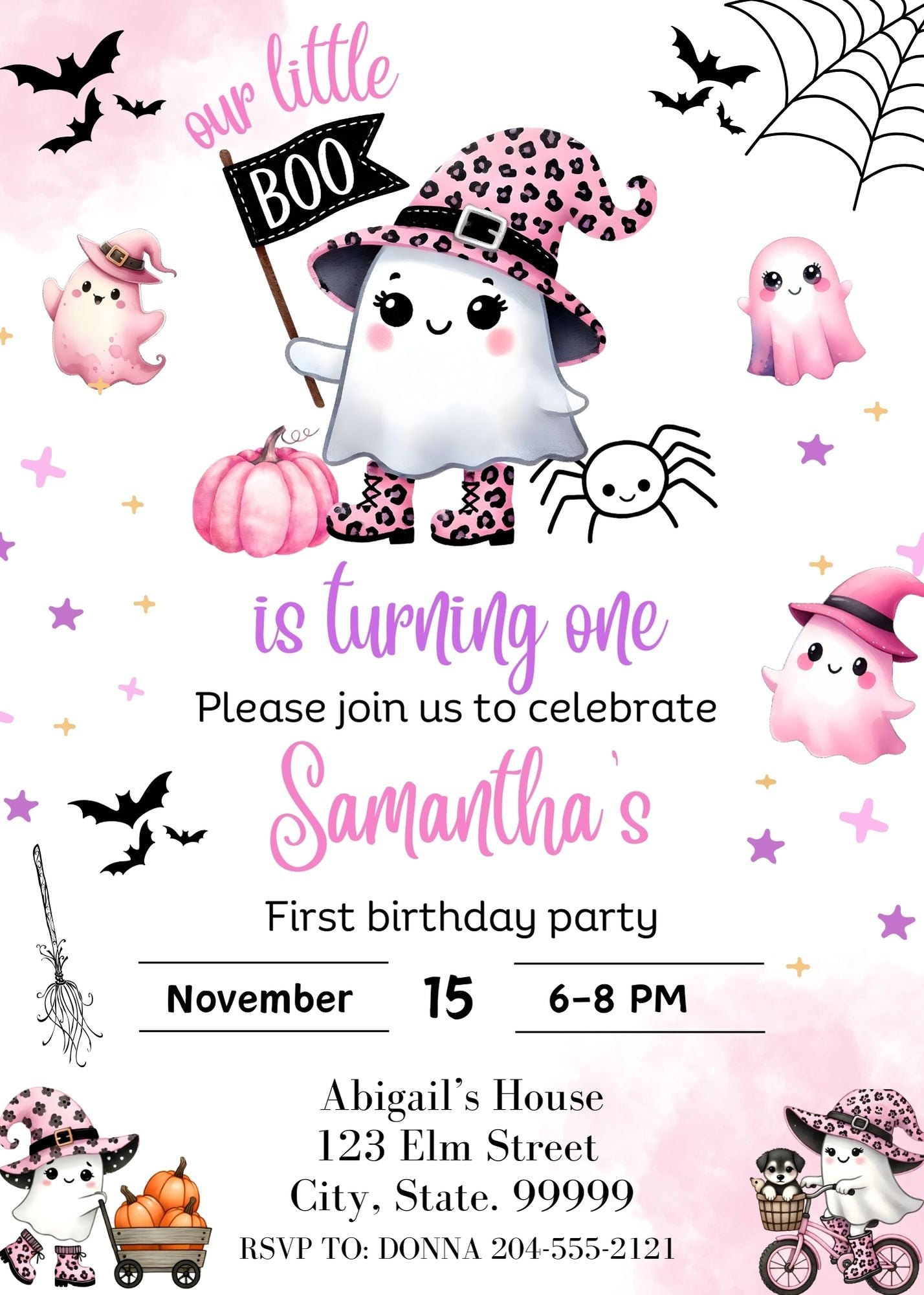 ghost birthday invitation girl, pink halloween invites