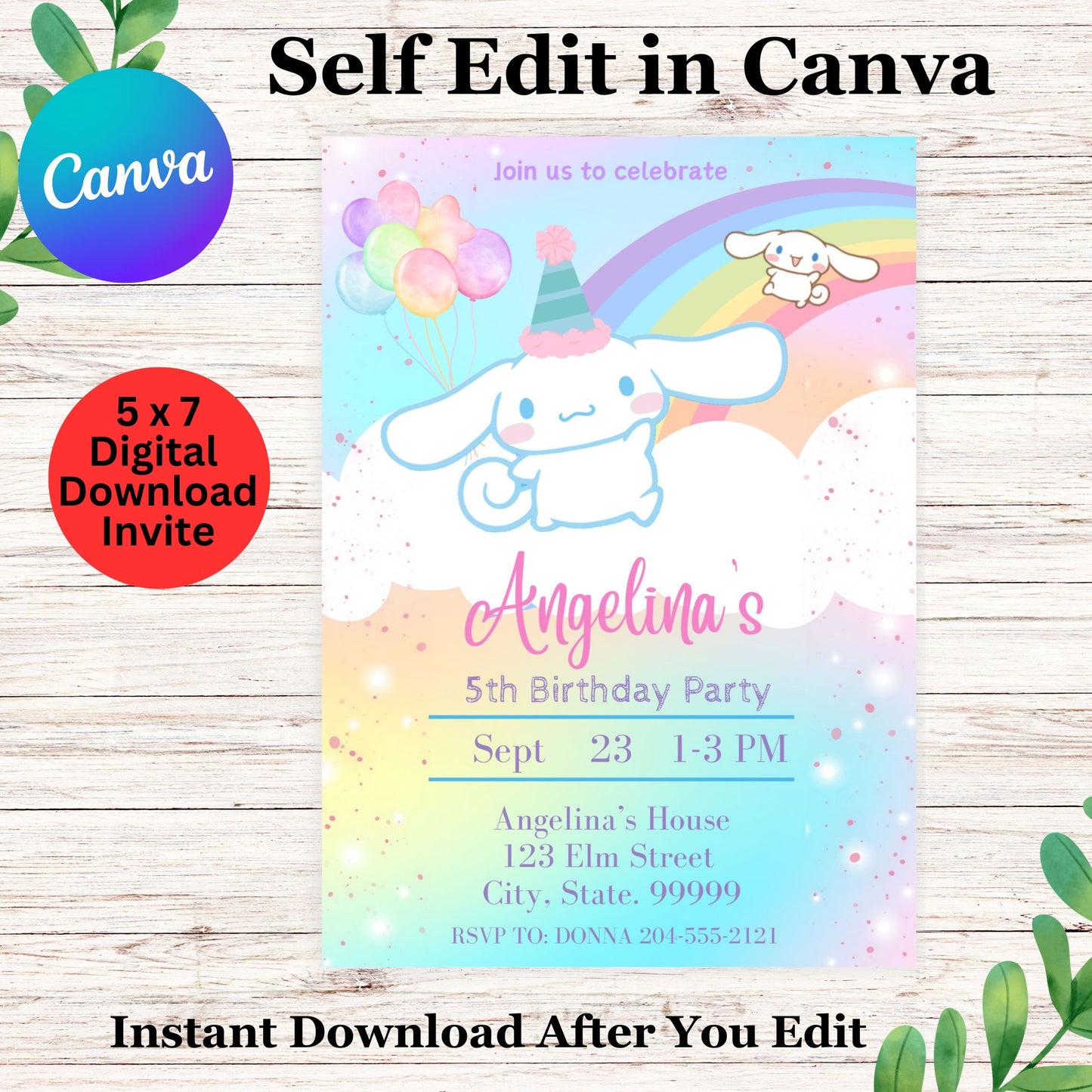 Hello Kitty Cinnamon Birthday Invitation Template - Cinnamon Roll Birthday Party