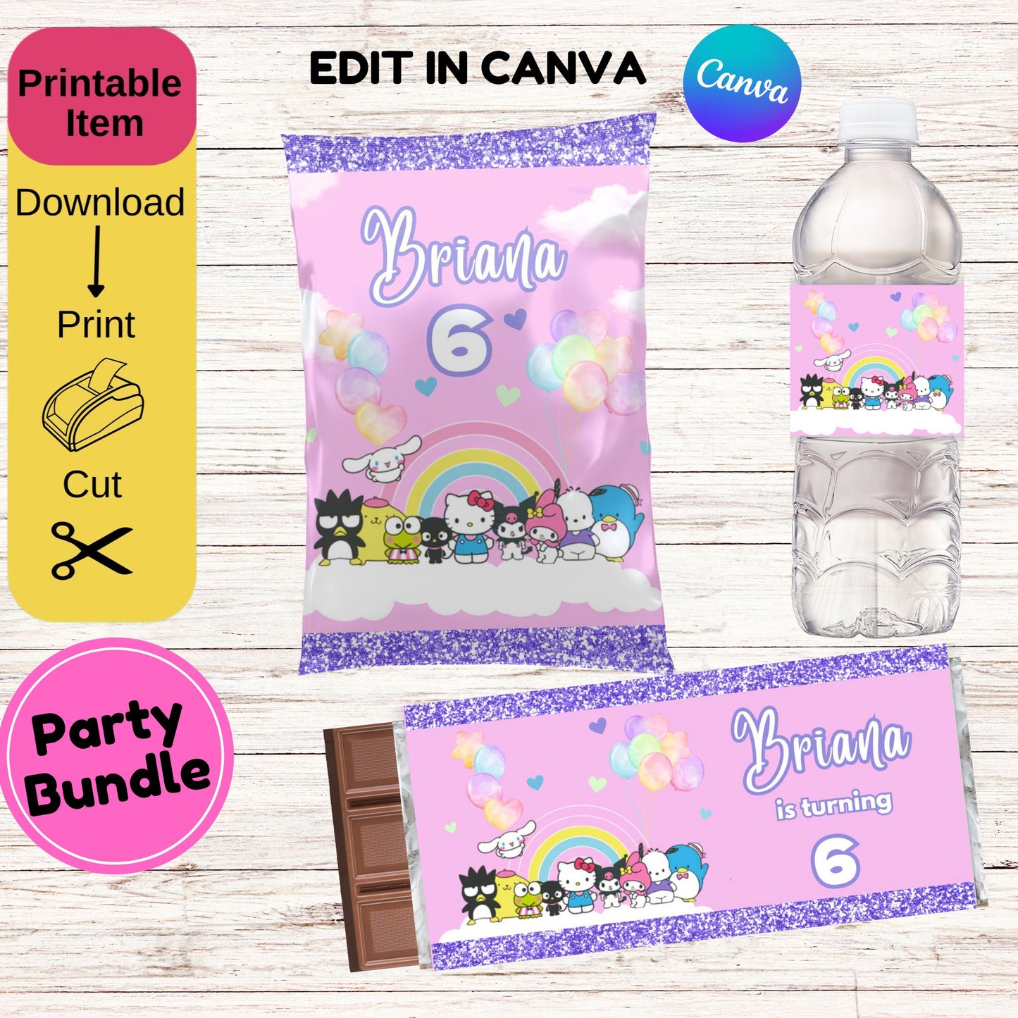 Hello Kitty and Friends Birthday Party Bundle Supplies - Hello Kitty Chip Bag - Editable in Canva