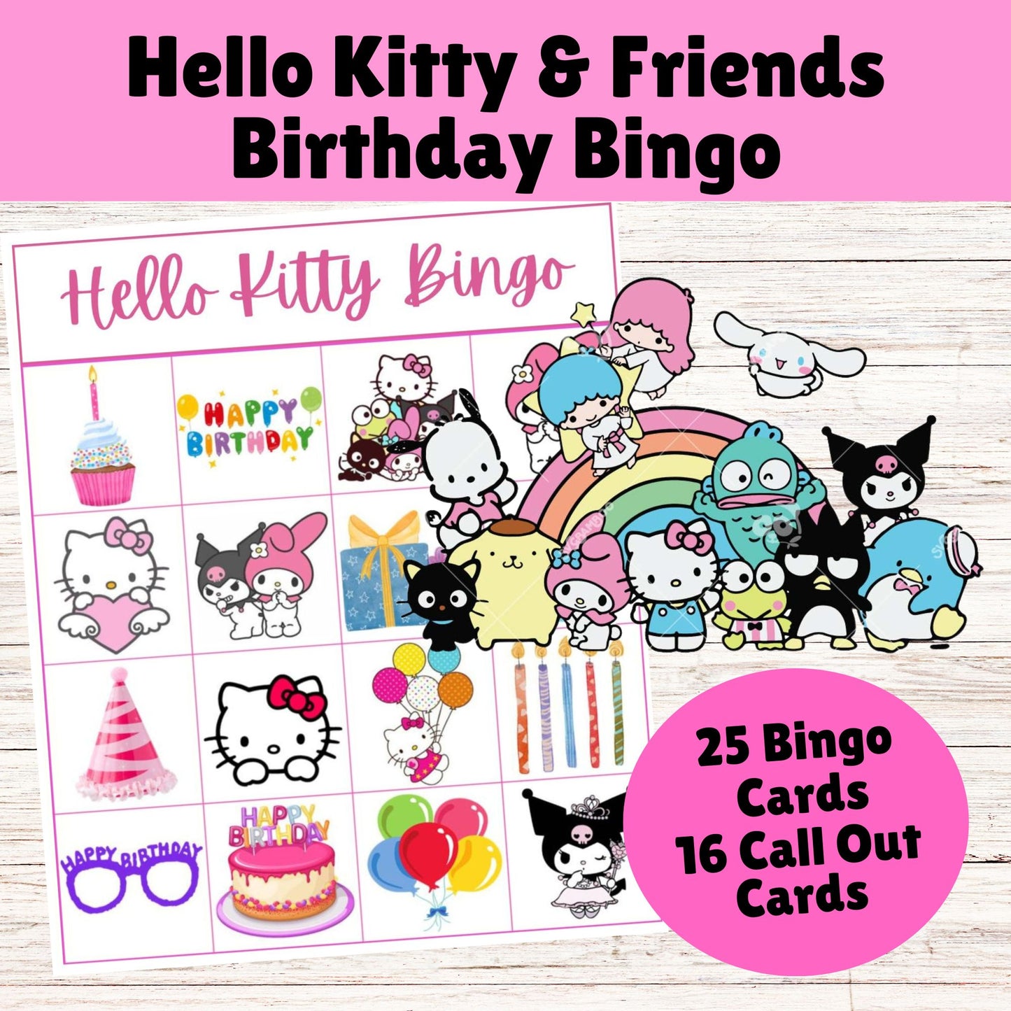 Hello Kitty and Friends Birthday Bingo - Cute Hello Kitty Bingo Game - Instant Download