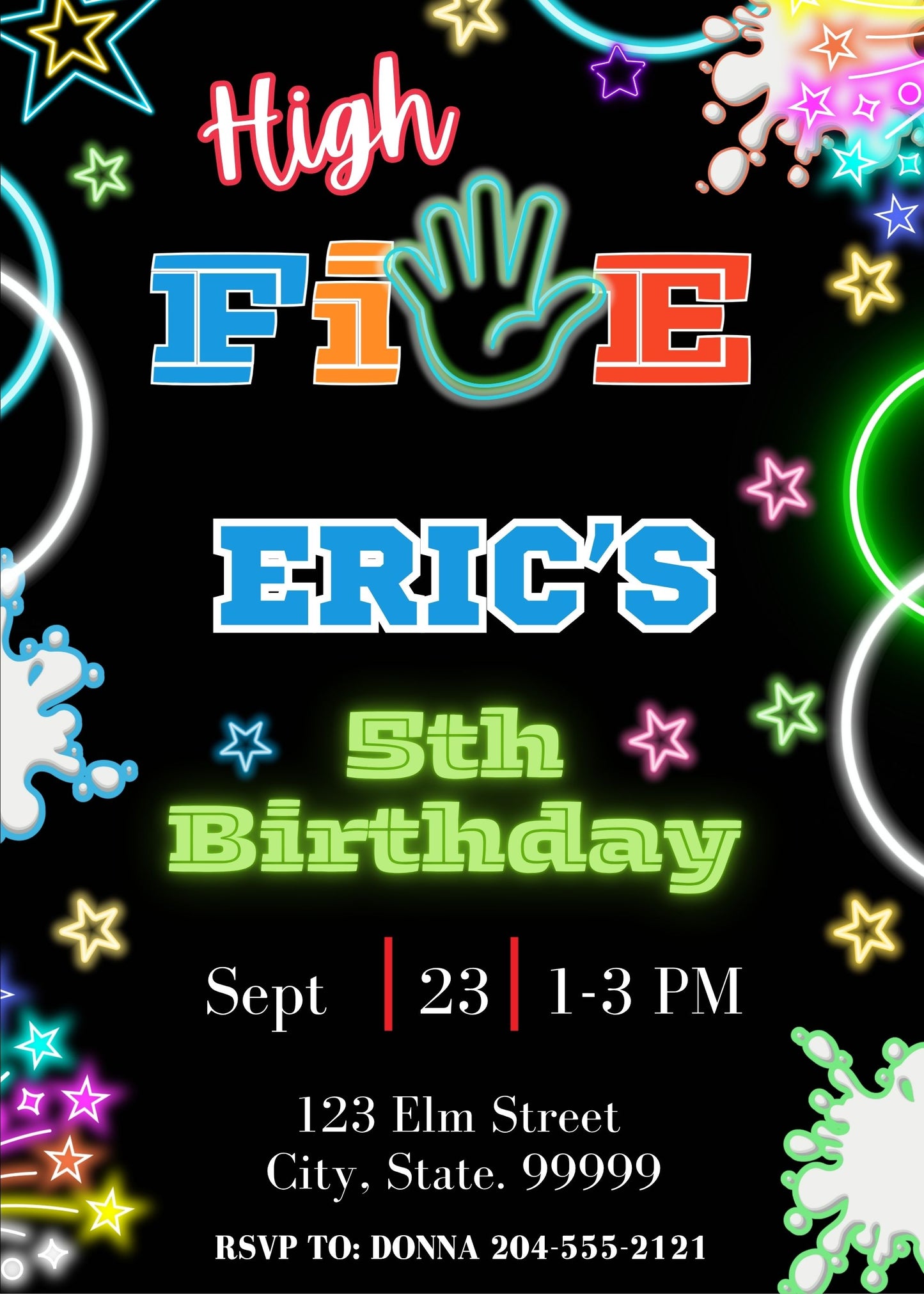 fifth birthday invite template neon