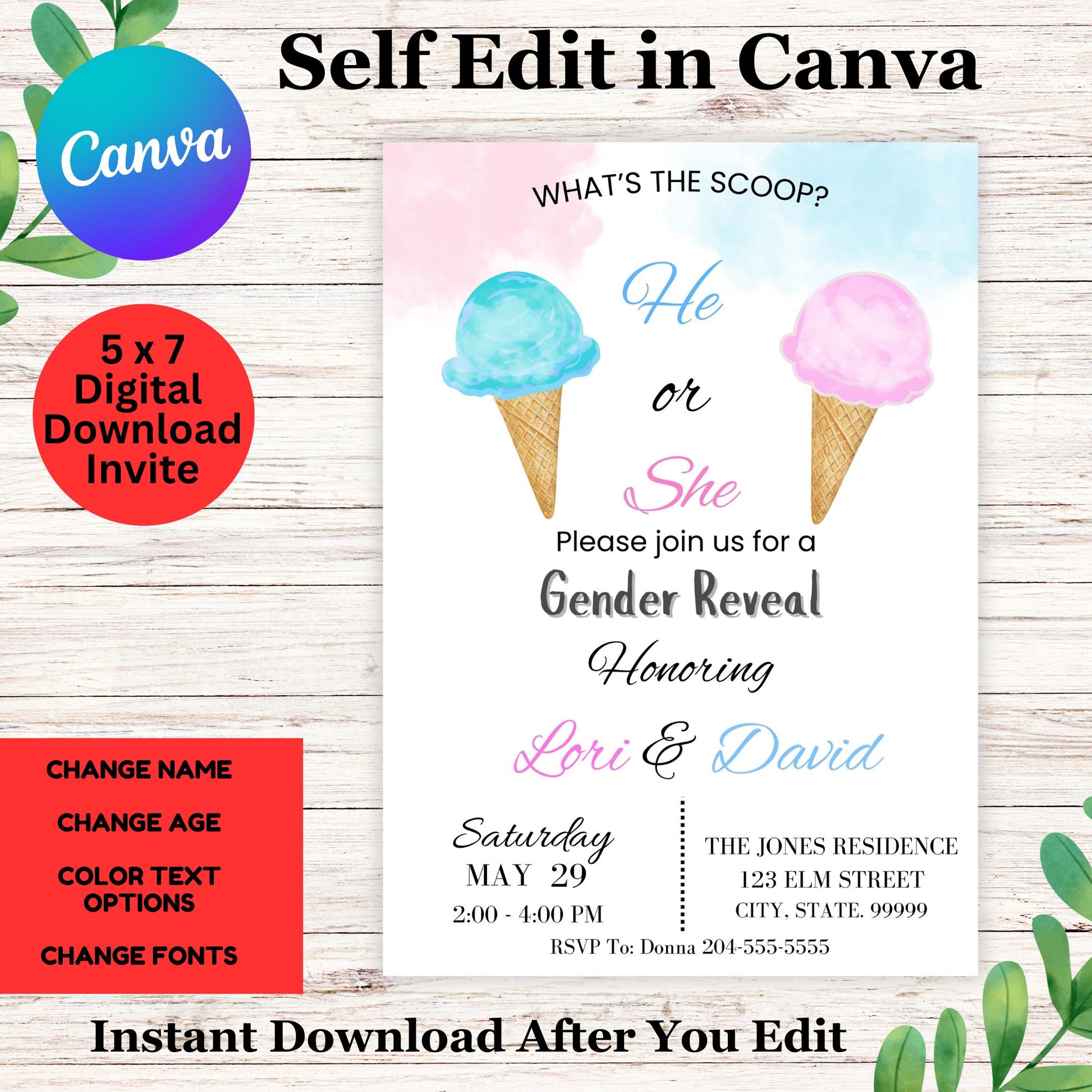 What's the Scoop Gender Reveal Invitation Template - Ice Cream Scoop Gender Reveal Invite