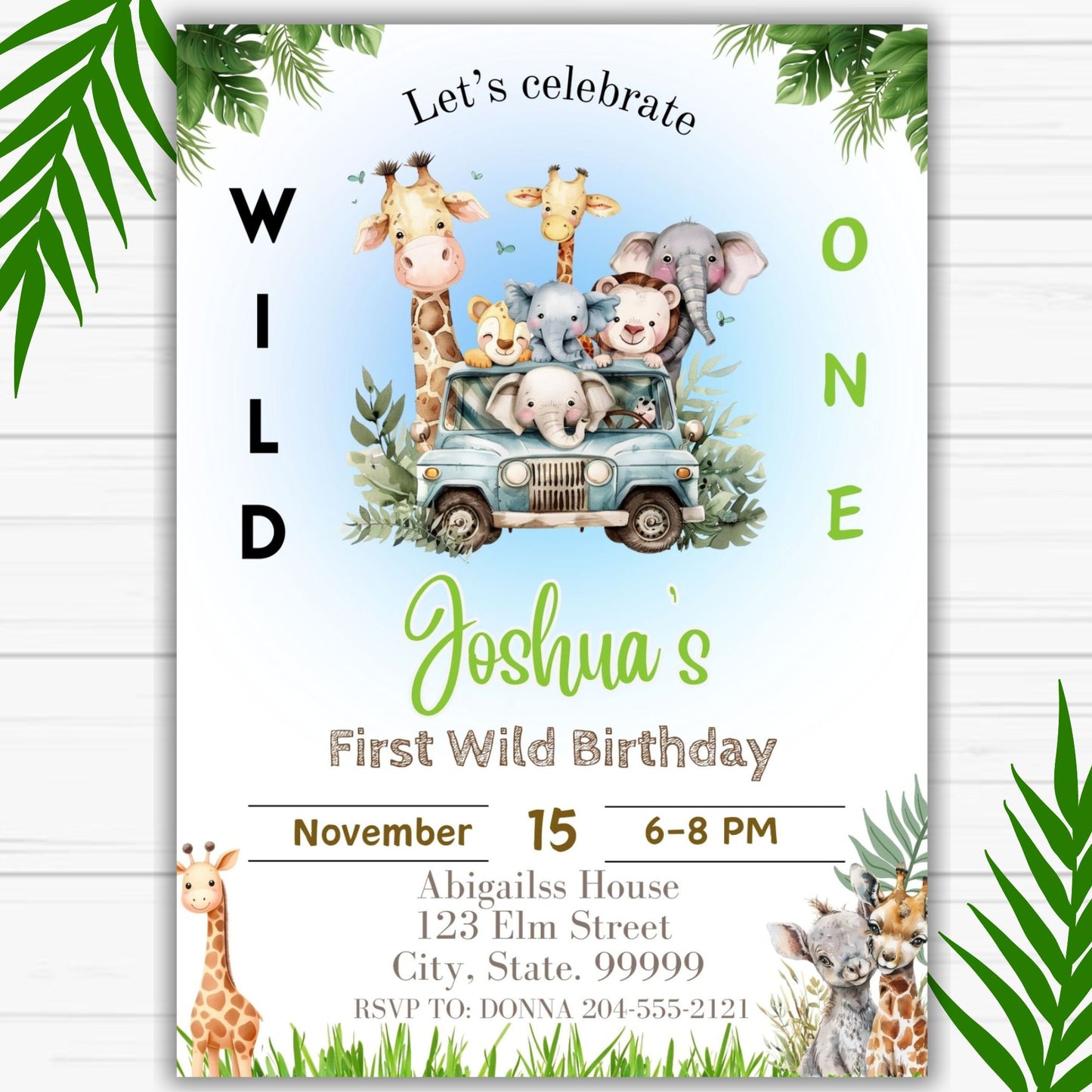 Wild One Safari 1st Birthday Invitation Boy - Printable