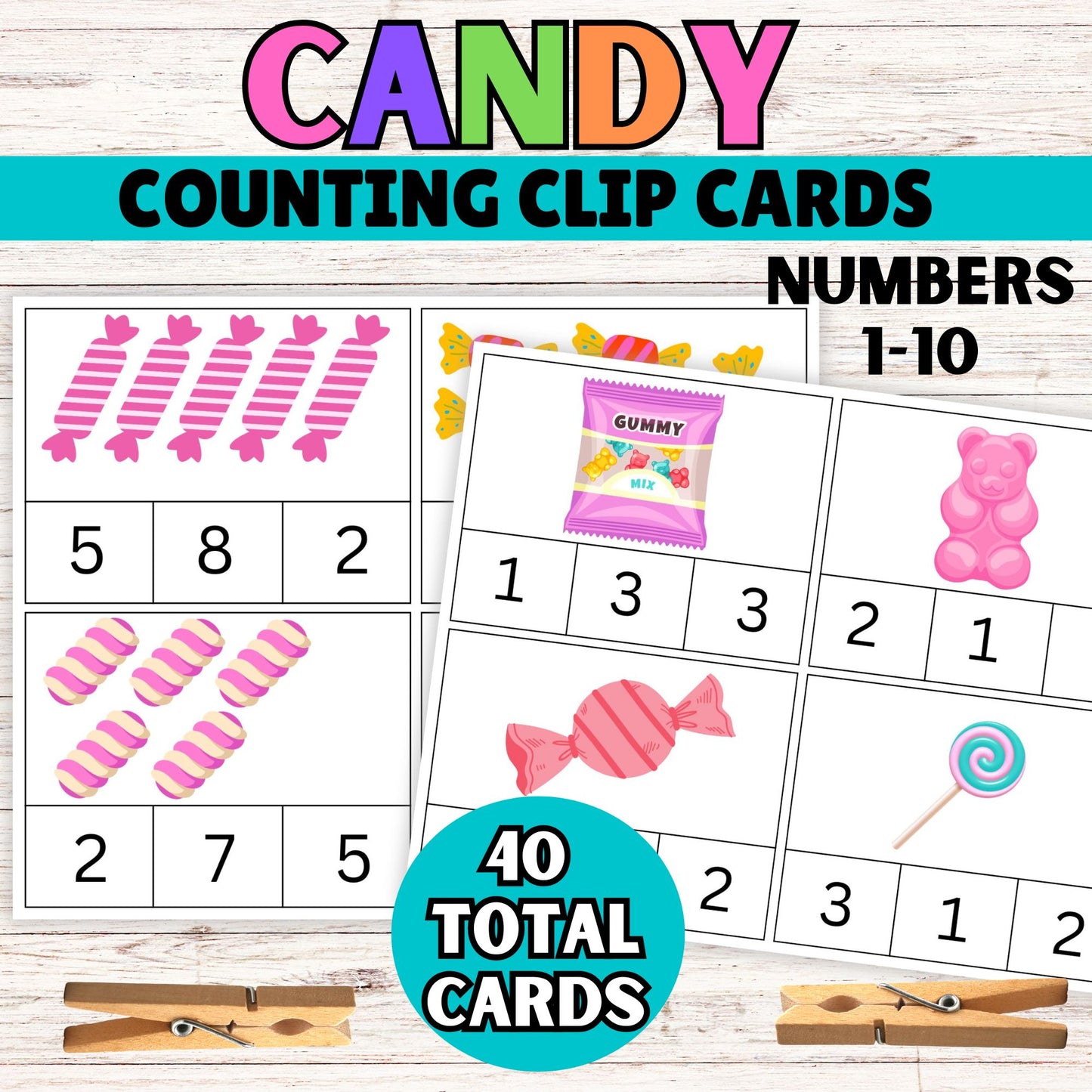 Candy Counting Clip Cards for Toddlers - Preschool Counting Mat for Kids Printable